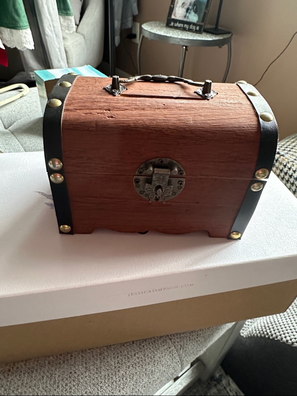 Wooden Treasure Chest Jewelry Box with Metal Accents. 
5 3/4”W X 4”D X 4”H
